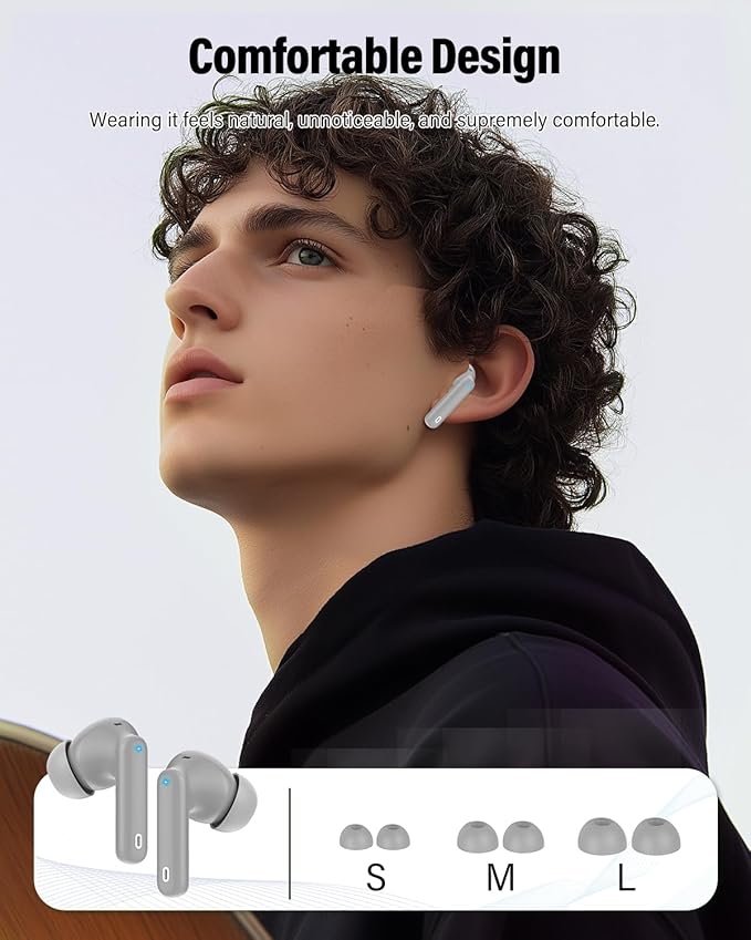 Wireless Earbuds, Bluetooth 5.4 Headphones Bass Stereo, Ear Buds with Noise Cancelling Mic, IP7 Waterproof in Ear Earphones, 36H LED Display Bluetooth Earbuds for Laptop Pad Phones Sports, Grey
