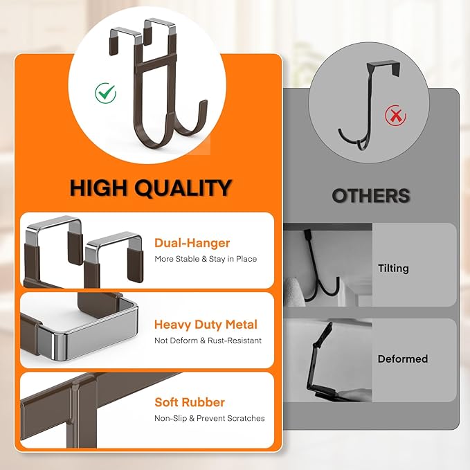 FYY Over The Door Hooks - 4 Pack Heavy Duty Dual-Hook Organizer Hanger with Non-Slip Rubber for Towels, Clothes, Hats & Bags Use in Bathroom, Bedroom, Kitchen - Fits Interior Doors Up to 1 3/8" Brown