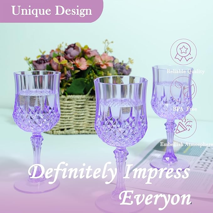 Plastic Wine Glasses，Plastic Goblets Vintage Style Cordial Drinking Glasses for Wedding Reception, Grand Event Party Supplies (48, Purple)