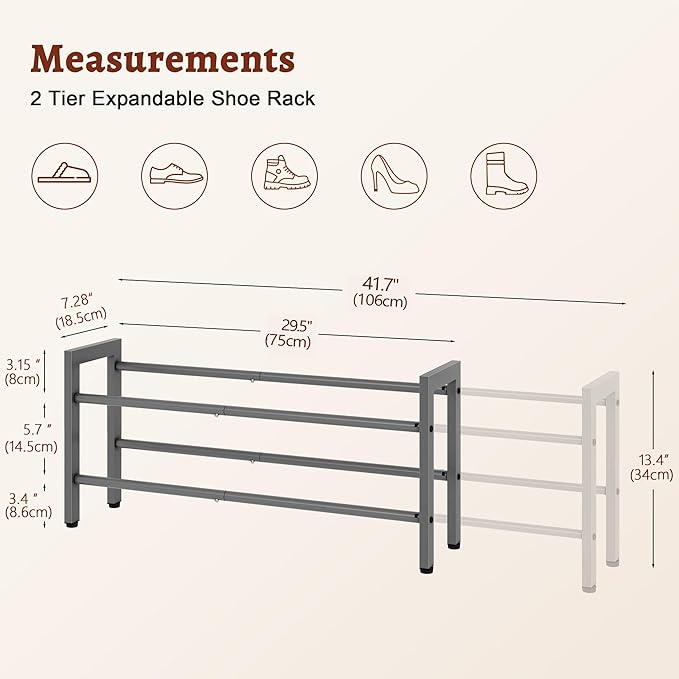 FAVOOSTY 2-Tier Expandable Shoe Rack, Adjustable Shoe Shelf Storage Organizer Space Saving Metal Free Standing Shoe Rack for Entryway Closet Doorway, Silver Grey