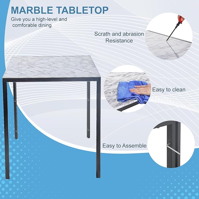 PayLessHere Dining Table and Chairs Set, Modern Rectangular Marble Table top with 4 Chairs PU Leather for Dining Room and Kitchen, White Marble