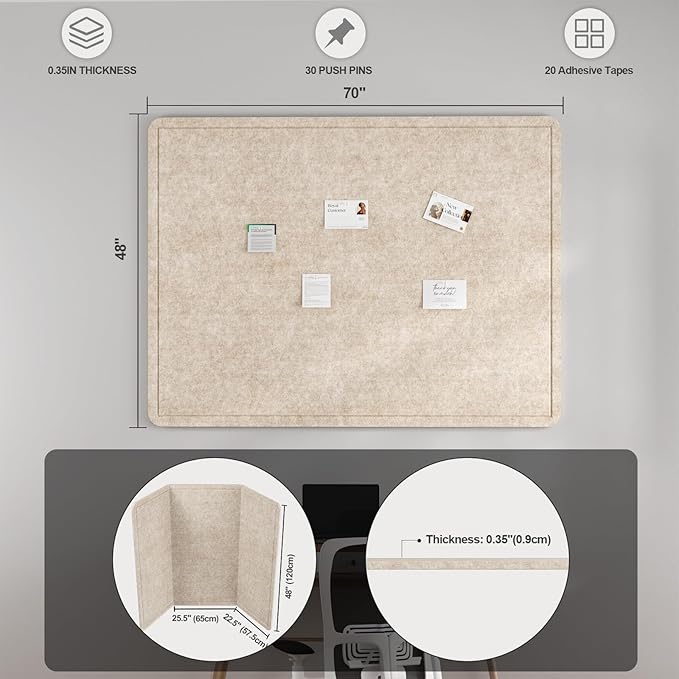 Large Felt Bulletin Board for Wall, Soft Felt Cork Board for Office, Home