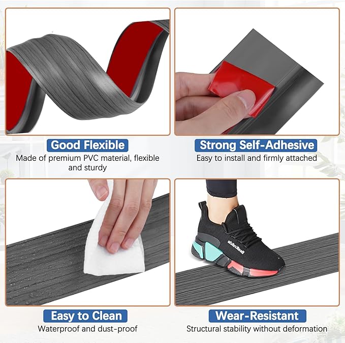 Vinyl Door Threshold Flooring Transition Strip Self Adhesive Carpet Edging Strip for Laminate Doorway Edge Threshold from 3/5" to 4/5" (Dark Gray Wood Grain, 3.3 Ft)