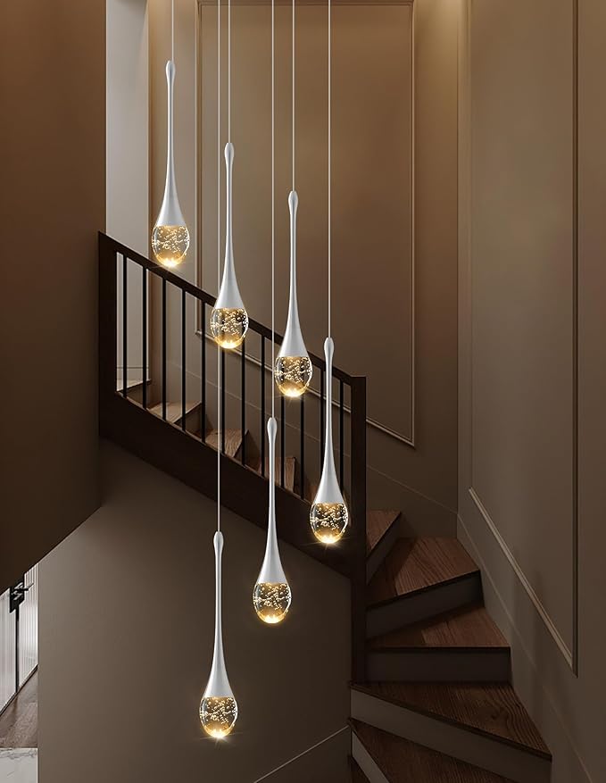 H86 Pendant Lights Kitchen Island 6-Lights Pendant Chandelier for Dining Room Hallway Stairwell,Silver Chandelier Suit for Sloping Ceiling LED Dimmable 2700K-6000K