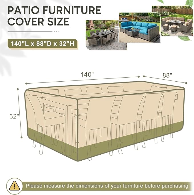 COWVIE Rectangular Outdoor Furniture Cover for Sectional Sofa Set, 600D Waterproof Patio Set Cover for Lawn General Purpose Table and Chairs, 140''L x 88''W x 32''H