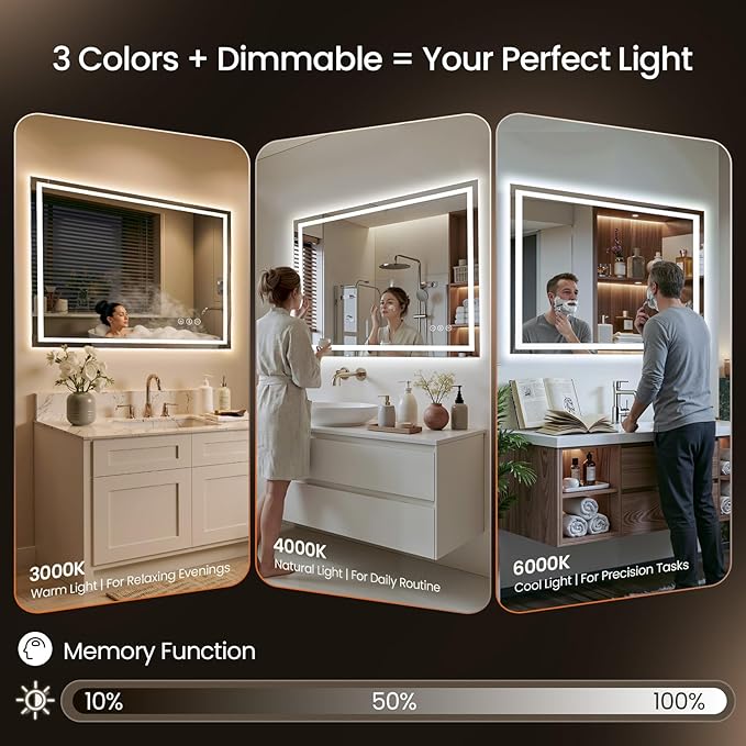 48X36 LED Bathroom Mirror with Lights, Backlit + Front Lit, Lighted Bathroom