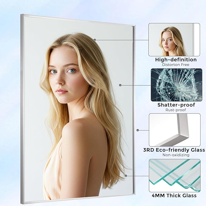 30x36 Inch Nickel Bathroom Mirror for Wall, Aluminum Frame Rectangle Rectangular Vanity Mirror, Modern Large for Bedroom, Living Room, Horizontal or Vertical