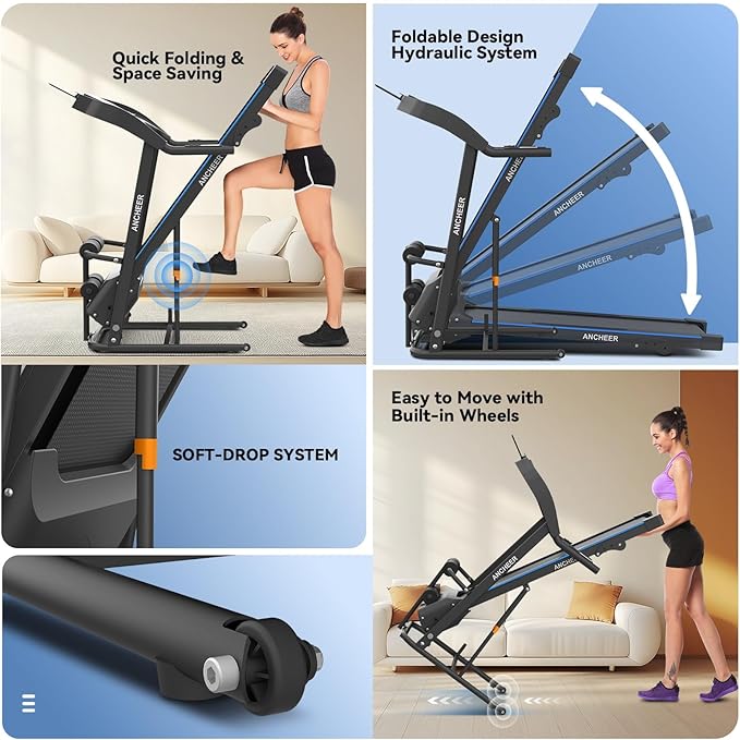 ANCHEER Foldable Treadmill with Sit Up Bench, 2025 Upgrade 3.5HP Portable Treadmills for Home with Incline 350 lbs Capacity, Smart LCD Display Body Fat& Heart Rate, Multifunction Exercise Equipment