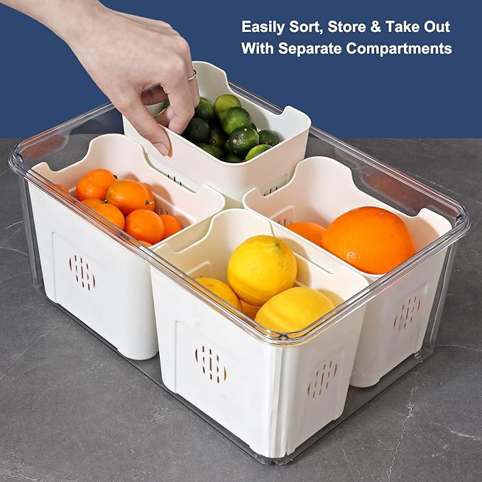 Taiuloo Airtight Fruit Storage Containers for Fridge with Lid & Handle, BPA-Free Snack Box Container with 4 Removable Colanders, Berry Vegetable Fresh Produce Saver, Clear Refrigerator Organizer Bins