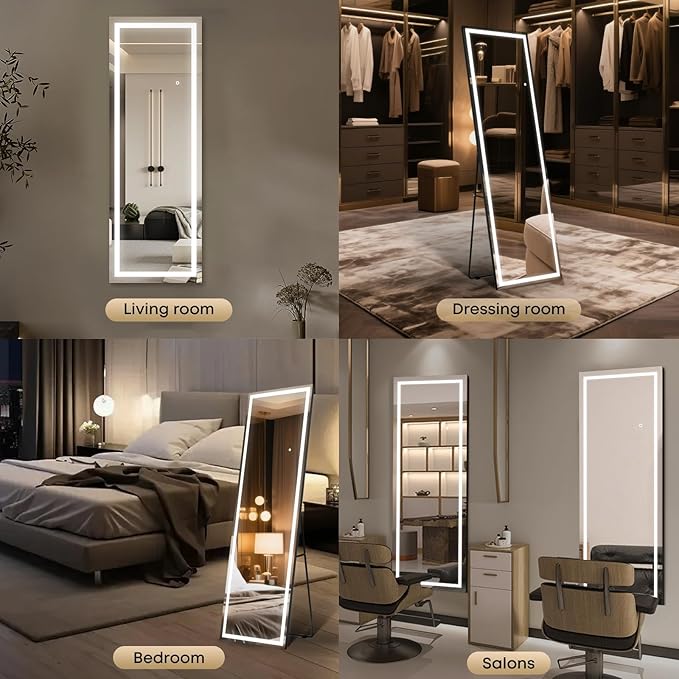 Kosmonia 67x24 Frameless Full Length Mirror, Dimmable 3 Color LED Light