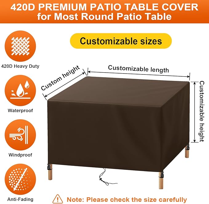 Patio Furniture Cover Rectangle 64"(L) x 48"(W) x 30"(H), Custom Heavy Duty 420D Waterproof Outdoor Cover with Drawstring & Buckles for Table Chair Garden, Coffee
