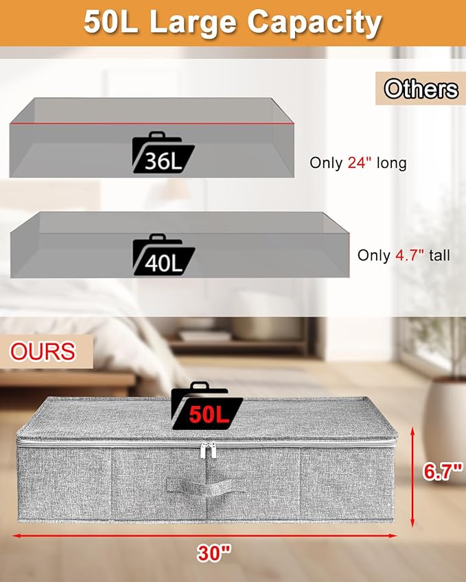 punemi Under Bed Storage, 3 Pack Underbed Storage Container Bags With Lid, Foldable Sturdy Clothes Storage Drawer Organizer W/ 3 Handles, Ultra Thick Fabric Blanket Shoe Storage Box, Grey
