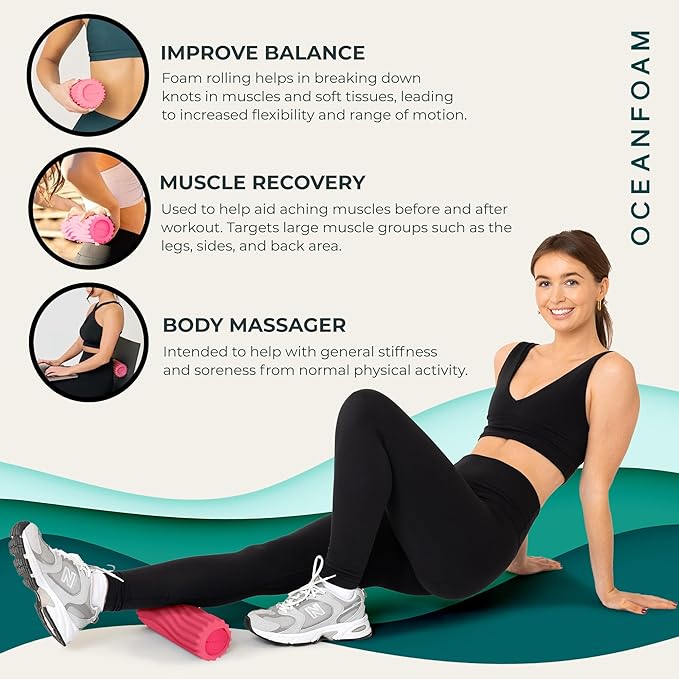 Oceanfoam Ripple Travel Foam Roller (11" x 3.35") Firm Mini Foam Roller for Physical Therapy, Deep Tissue Massage, Back Pain - High Density, Ergonomic Wave Textured, Yoga, Pilates, Exercise (Hot Pink)