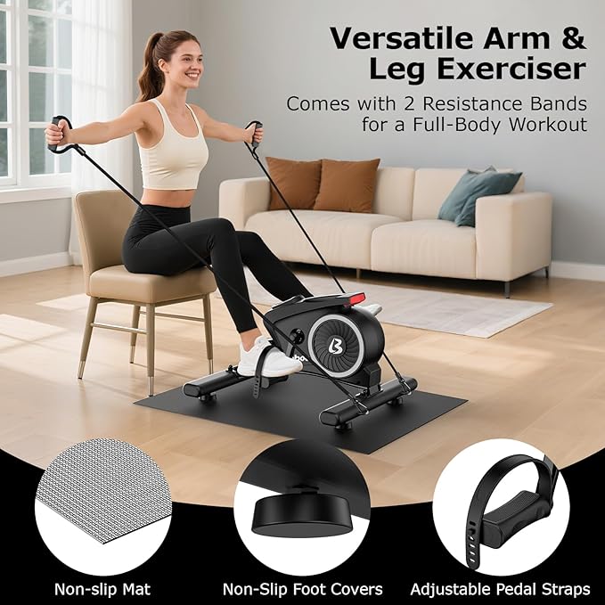 pooboo Under Desk Bike Pedal Exerciser, Quiet Magnetic Mini Exercise Bike with 16 Resistance Levels, Arm & Leg Workout, Resistance Bands & Non-Slip Mat for Home Office Therapy
