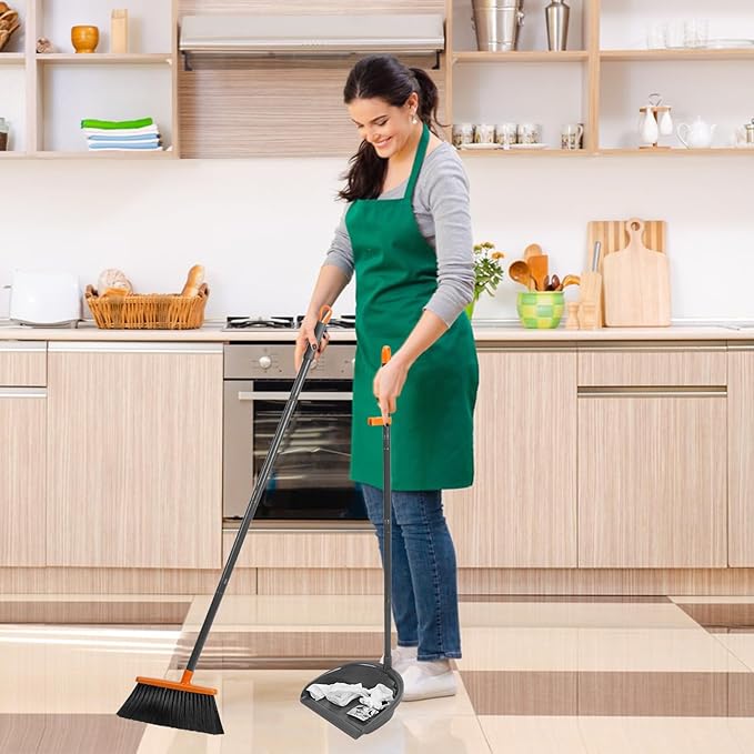 Long Handle Broom with Upright Standing Dustpan Combo for Office Home Kitchen Lobby Floor Cleaning
