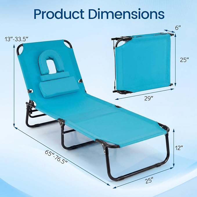 Giantex Folding Beach Tanning Chair - Adjustable Patio Lounge Chair w/Face Hole, Removable Pillows, Carry Strap, Layout Chair, Sunbathing Chaise Lounge Outdoor for Poolside Yard Lawn (1, Turquoise)