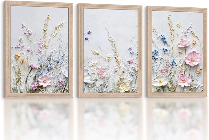 Framed 3D Texture Floral Canvas Wall Art Relief Textured Floral Oil Painting