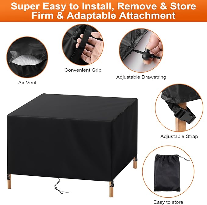 Patio Furniture Cover Rectangle 96"(L) x 52"(W) x 32"(H), Custom Heavy Duty 420D Waterproof Outdoor Cover with Drawstring & Buckles for Table Chair Garden, Black