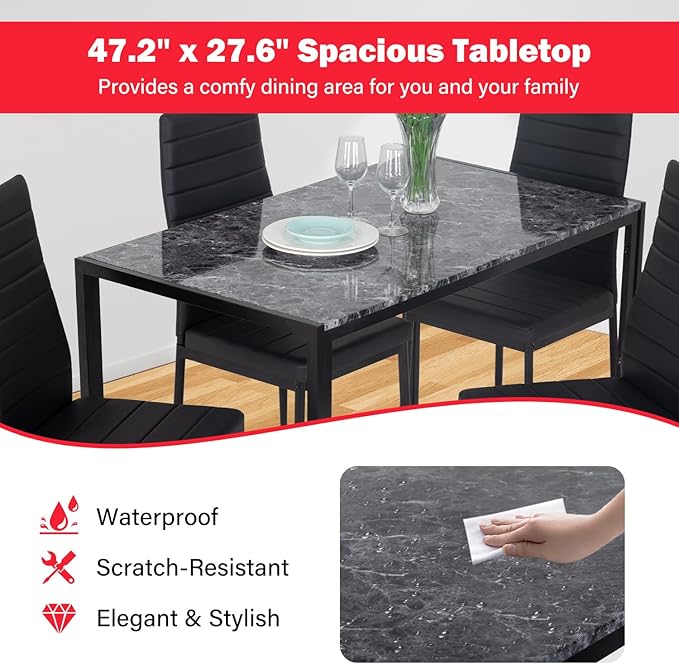 PayLessHere Dining Table and Chairs Set, Modern Rectangular Marble Table top with 4 Chairs PU Leather for Dining Room and Kitchen, Black Marble