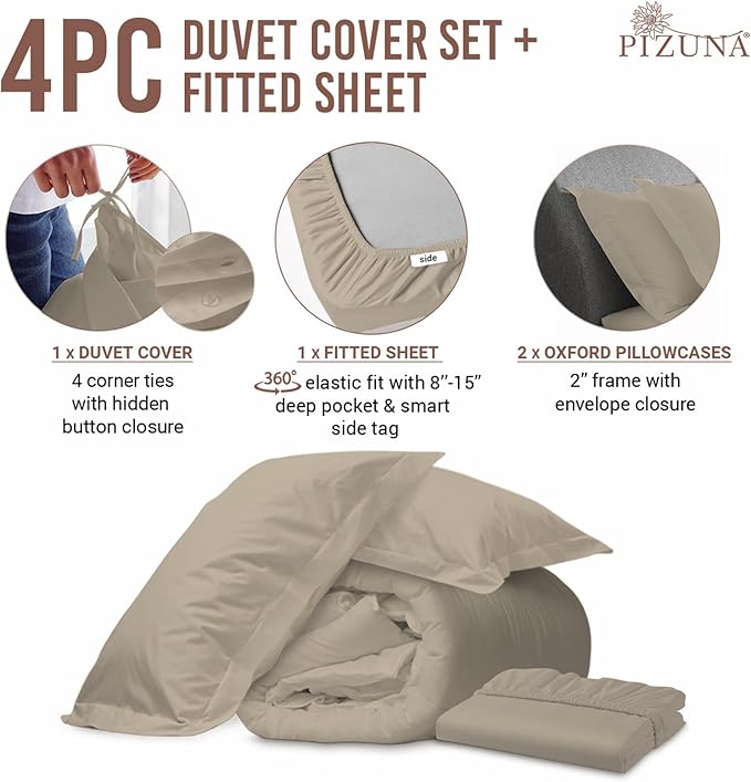 Pizuna 100% Cotton King 3 Pc Duvet Cover + 1 Pc Fitted Sheet Set 400 Thread Count Simply Taupe Sateen Weave Luxurious Long Staple Cotton 4 Piece Bedding Set-1 Duvet Cover,2 Pillow Shams,1 Fitted Sheet