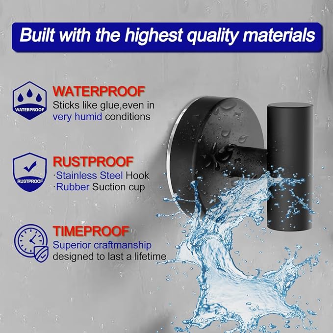 Suction Cup Hooks, Shower Hooks for Inside Shower – Removable Towel Hooks for Bathroom Window Glass Mirror Tile, Bath Robe Looafh Hook for Hanging – Waterproof & Rustproof, Black (4 Pack)
