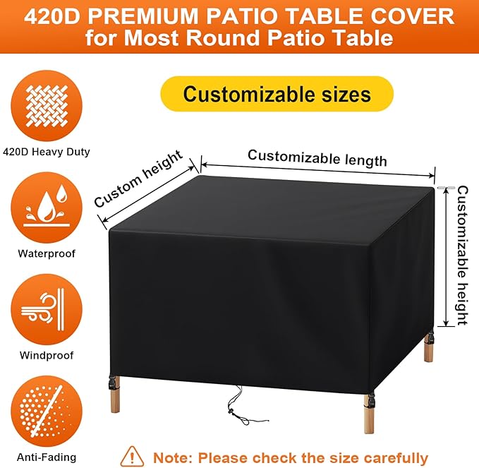 Patio Furniture Cover Rectangle 100"(L) x 56"(W) x 34"(H), Custom Heavy Duty 420D Waterproof Outdoor Cover with Drawstring & Buckles for Table Chair Garden, Black