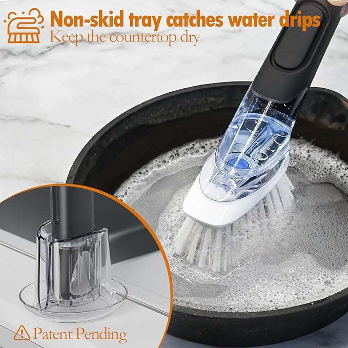 Soap Dispensing Replacement Dish Brush Storage Set with 2 PCS Brush Refills & Holder - RIMAY Dispenser Scrub Cleaning Scrubber Kitchen Dishwashing Dish Wand Handle for Dishes/Pans/Pots/Sink(Black)