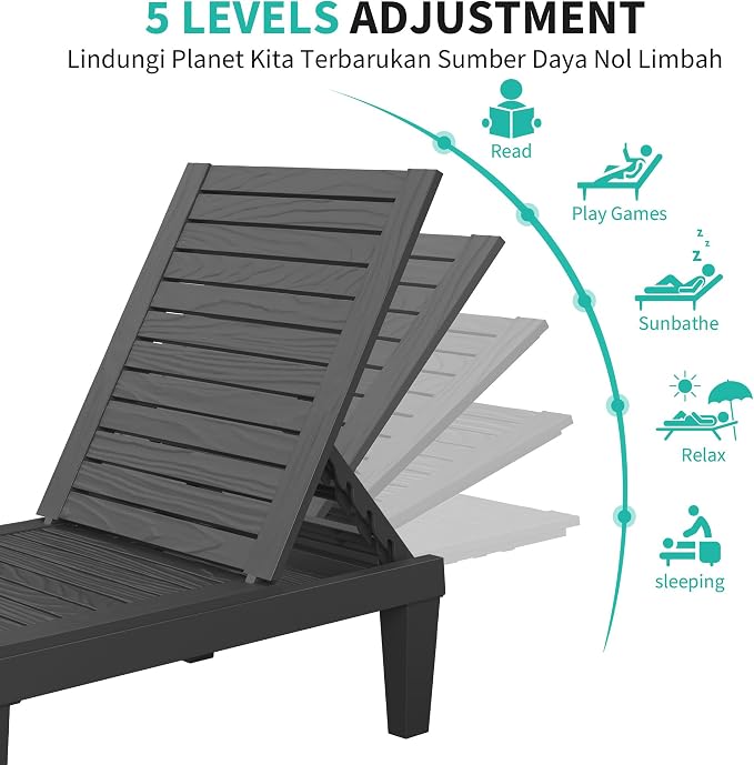Outdoor Lounge Chair Set of 2, 5-Positions Adjustable Patio Chaise Lounges, Waterproof Tanning Chairs for Poolside, Backyard, Scratch-Resistant & Easy to Clean (Black Striped, Set of 2)