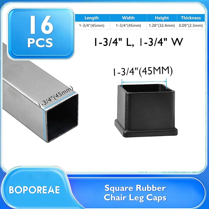 16 Pcs 1-3/4" x 1-3/4" Square Rubber Chair Leg Caps, PVC Table Leg Covers, Flexible & Anti-Slip Furniture Leg End Caps, Chair Leg Floor Protectors for Bar Stool Leg Patio Indoor, Black