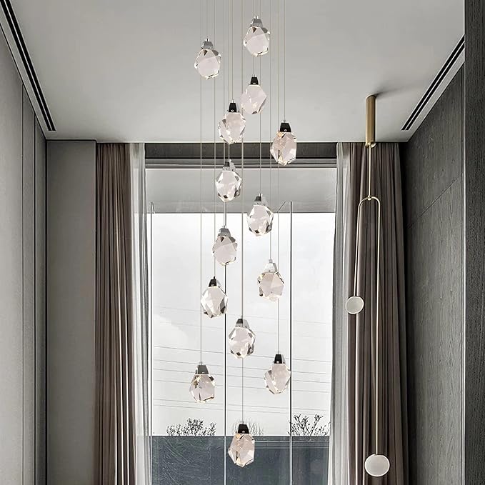 Modern Farmhouse Chandelier Lighting, Luxury Round Hanging Lamp with Chrome, Large Dimmable Crystal Pendant Lights Fixtures for Living Room Dining Room Staircase Hotel (Round 14-Lights)