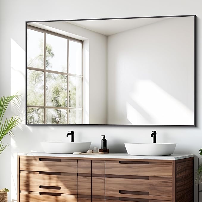 Bathroom Mirror,55x36 inch Large Wall Mirror for Bathroom Wall Mounted Black Rectangle Corner Mirrors,Black Bathroom Mirror for Living Room,Farmhouse,Bedroom Entryway,Horizontal/Vertical