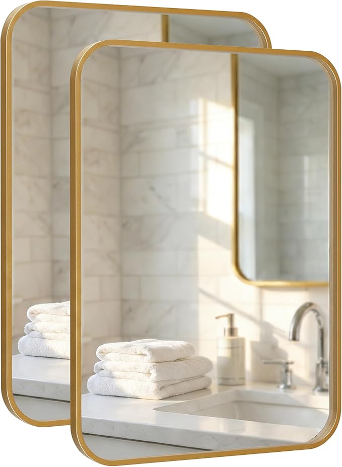 2-Pack 22x30 Inch Matte Gold Bathroom Vanity Mirrors | Flush Mount Deep Set