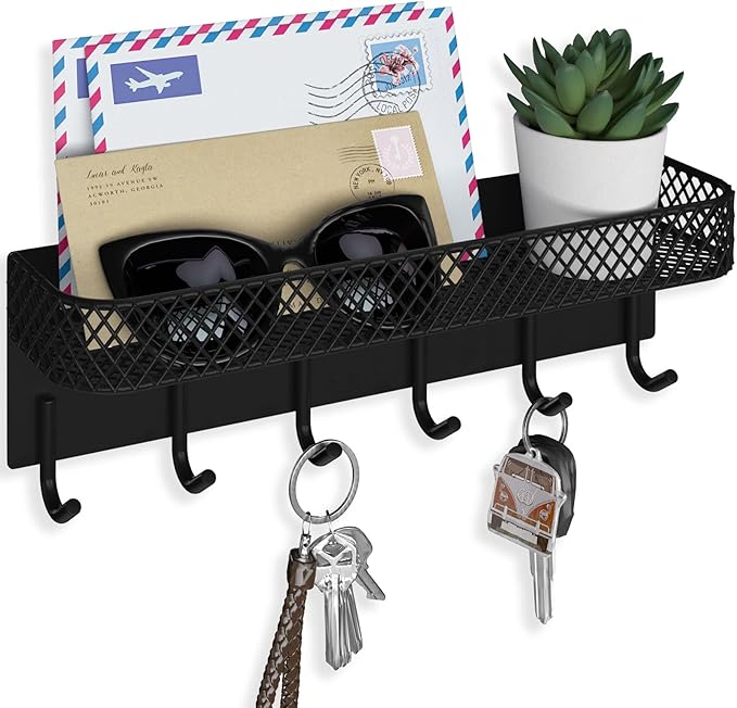 Key Holder for Wall – Decorative Stainless Steel Key Hanger with 6 Hooks for Hats, Bags, Leashes – Mail Holder Key Rack with Mounting Hardware and Guide (9.65” x 2.8” x 2.2”) (Black)