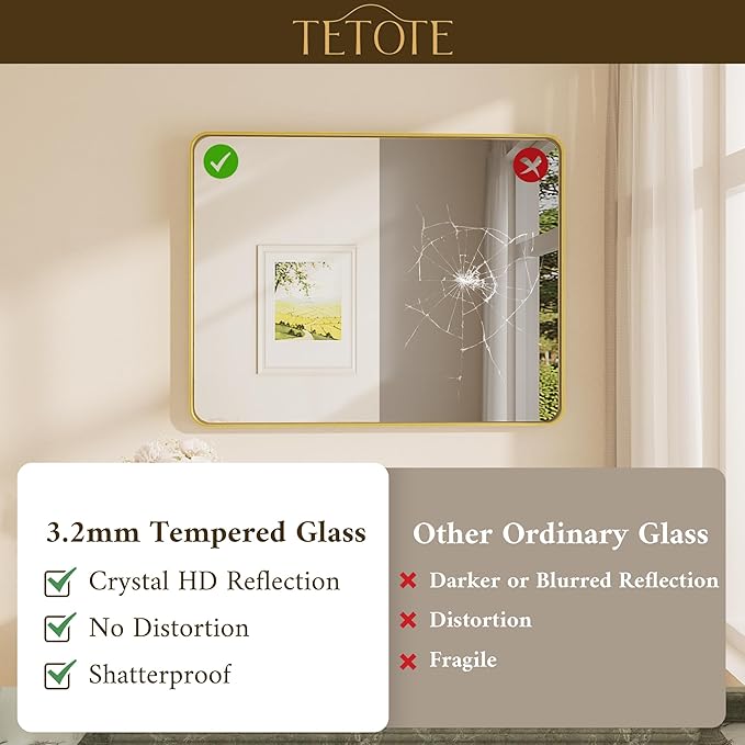 TETOTE Brushed Gold Bathroom Mirror, 24 x 32 Inch Metal Framed Mirror, Brushed