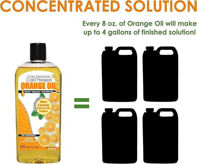 Cold Pressed Orange Oil Concentrate | 8-ounce Professional Grade All-Purpose Citrus Cleaner, Degreaser & Pet Odor Eliminator Blend | Dilutes to 4 Gallons of Finished Product | Home and Outdoor Use