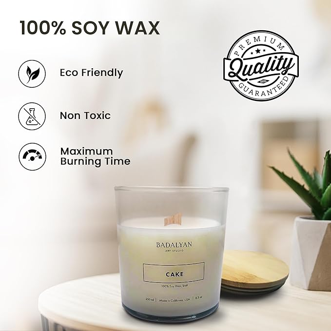 Scented Soy Candles in Glass Jar, Cake Scent, Relaxation Gifts for Women, Home Fragrance, Modern Style, White Color, Non Toxic, Clean Burn, Long Burning