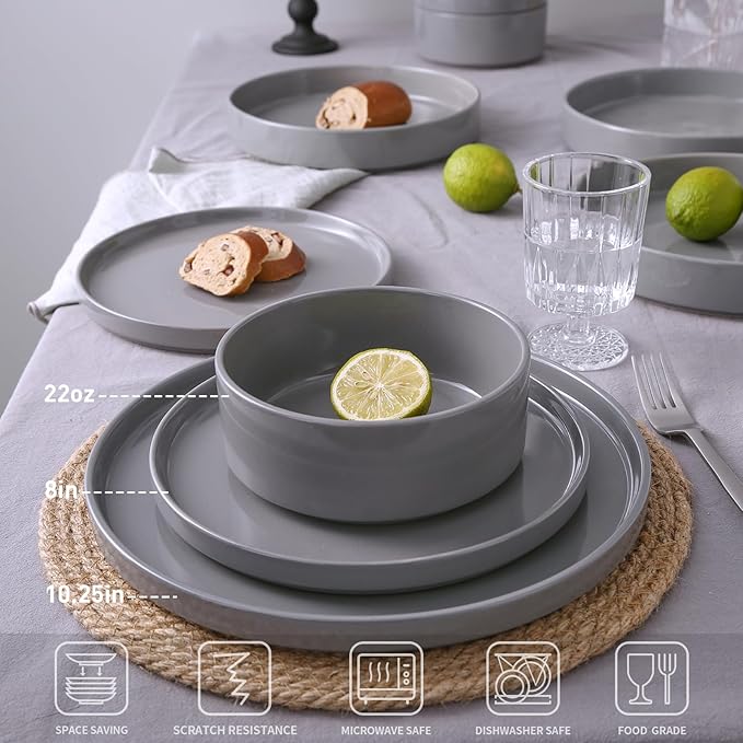 Famiware Nebula Plates and Bowls Set, 24 Pieces Dinnerware Sets, Dishes Set for 8, Dark Gray