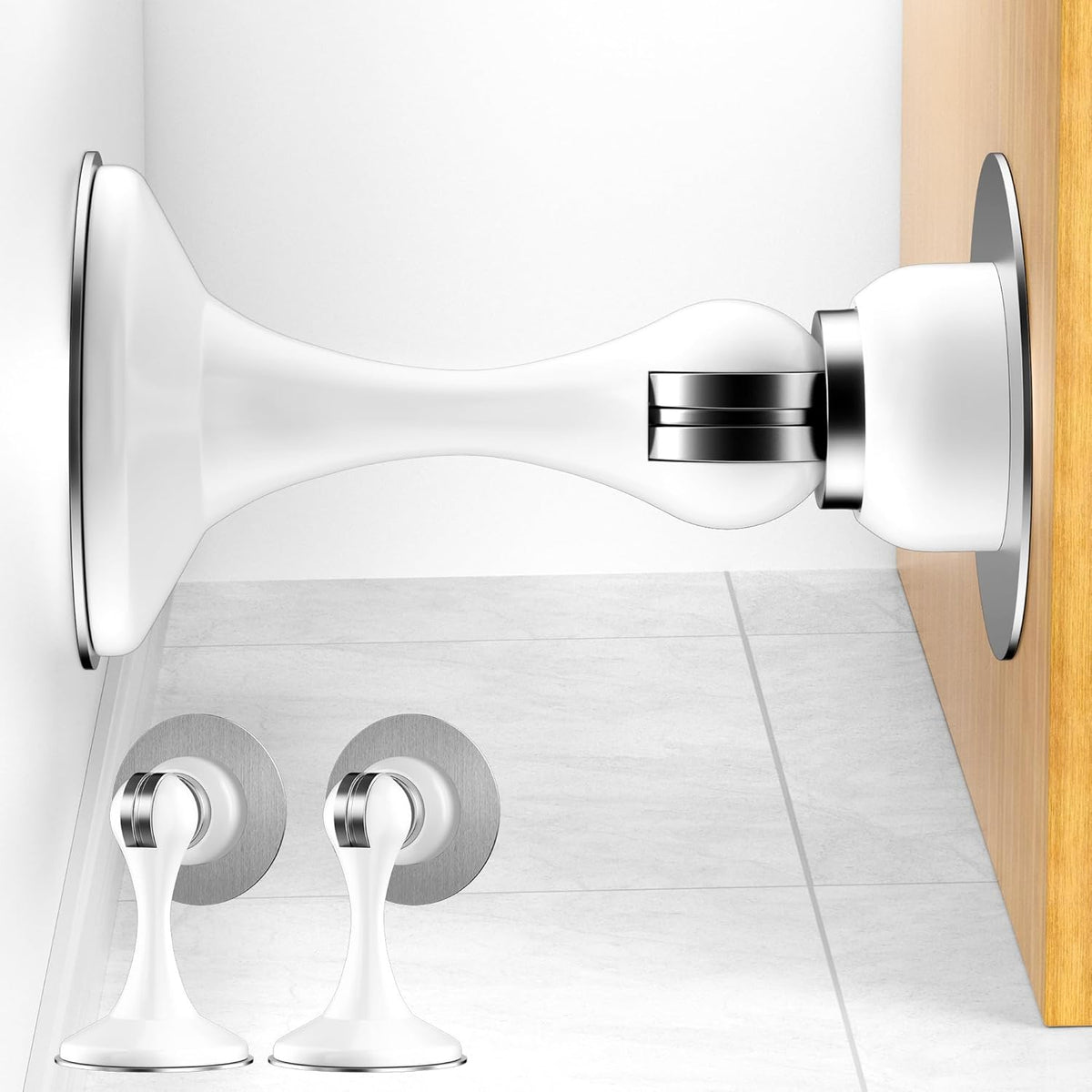 Crosize Magnetic Door Stoppers 2 Pack, Stainless Steel Door Catch for Wall and Floor Mounting, Door Holder Keep Door Open, No Drilling Door Stop with Adhesive Tapes, White