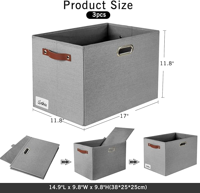 3-Pack Foldable Fabric Storage Bins with Durable PU & Metal Handles, Collapsible Storage Baskets for Shelves, Home Storage, Closet Organizers, Living Room(17"x11.8"x11.8", Grey)