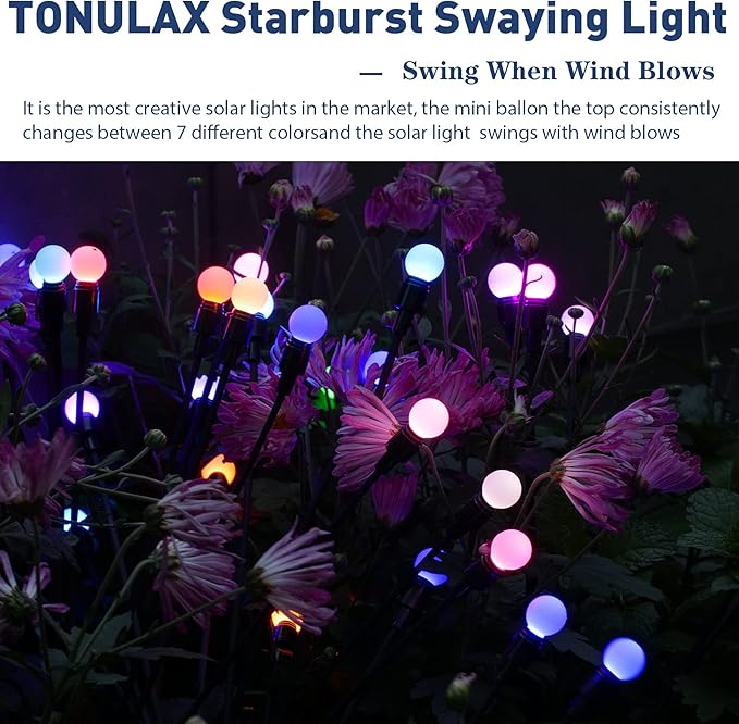 TONULAX Solar Garden Lights, Starburst Swaying When Wind Blows, Solar Lights Outdoor Decorative, Color Changing RGB Light for Yard Patio Pathway Decoration(4 Pack)