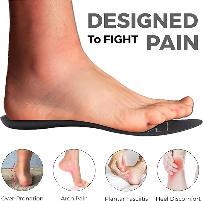 Ultra-Thin Plantar Fasciitis Insoles Designed for Comfort & Maximum Pain Relief, Ideal for Dress Shoes & Boots | Black (Men's 12-12.5)