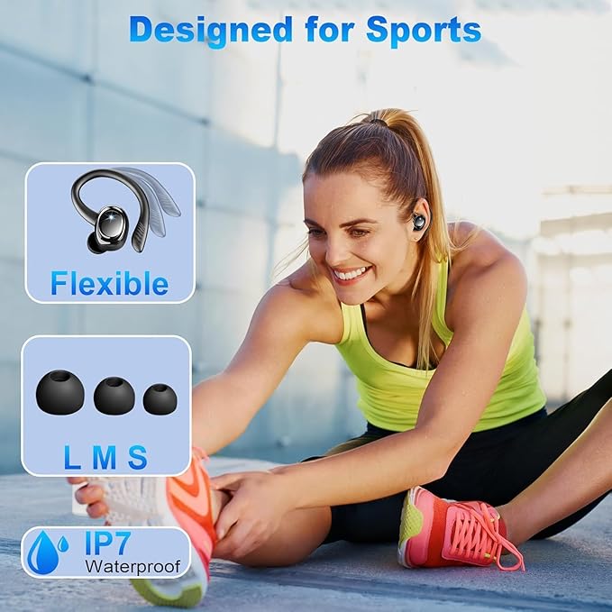 Wireless Earbuds Sport, 2025 Bluetooth 5.4 Headphones with Earhooks, 50H Stereo Deep Bass Over Ear Buds with 4 ENC Noise Canceling Mics, IP7 Waterproof Earphones for Running Workout Gym -Black