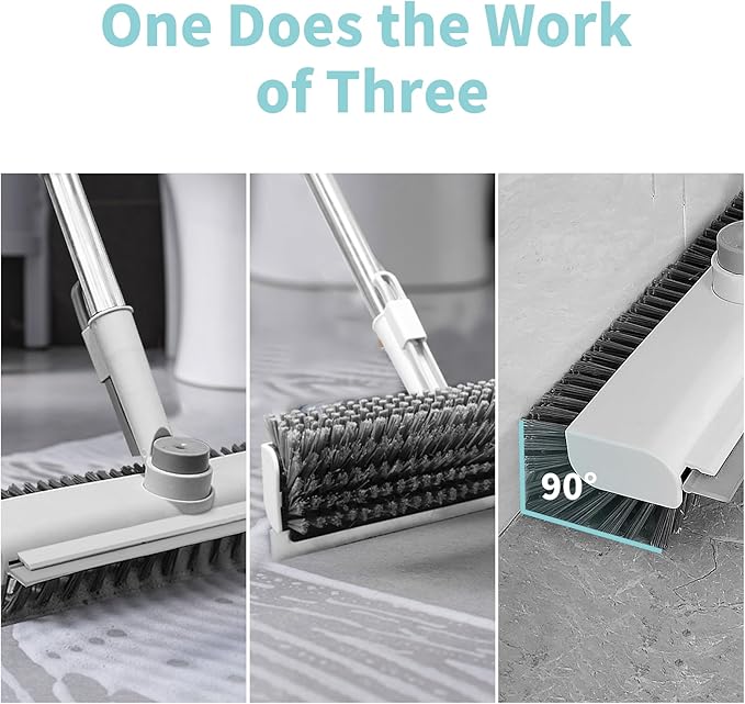 Floor Scrub Brush with Long Handle, 3 in 1 Scrape and Heavy-Duty Stiff Bristle Scrubber Brush for Cleaning Shower Bathroom, Patio, Garage, Kitchen, Wall and Deck (White, 1 Pack)