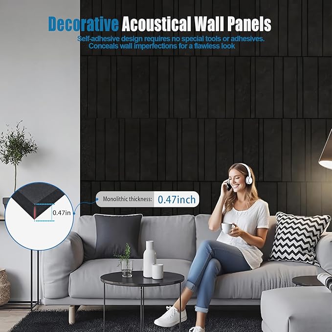 Acoustic Wall Panels – 8 Pack 31.75"x15.75" Thick Black Striped Groove Sound