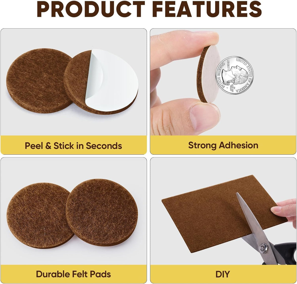 BALEINE 141PCS Felt Furniture Pads, Multi-Size Felt Pads for Chair Legs, Tables, Beds, Scratch-Reducing Floor Protectors for Hardwood Floors, Tile, Vinyl, and Laminate (141PCS, Brown)
