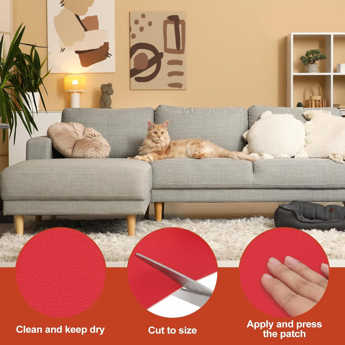 PATIKIL Leather Patches Tape for Furniture, 6.3 x 61 Inch Self Adhesive Vinyl Leather Repair Kit Cover Sheet for Couch, Sofa, Car Seats, Office Chair, Orange
