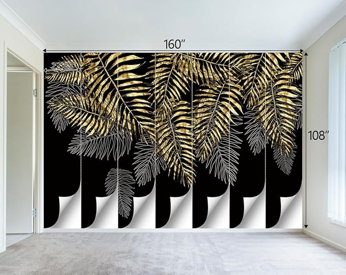 Black and Gold Leaf Mural Bedroom Tropical Botanical Wallpaper Room Plant Decor