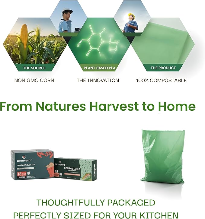 Compostable Trash Bags Bin Liners | BPI & OK Home Certified ASTM D6400 Standards | Heavy Duty Kitchen & Yard Waste Bags (13 Gallon Flat Top, 50 Count)