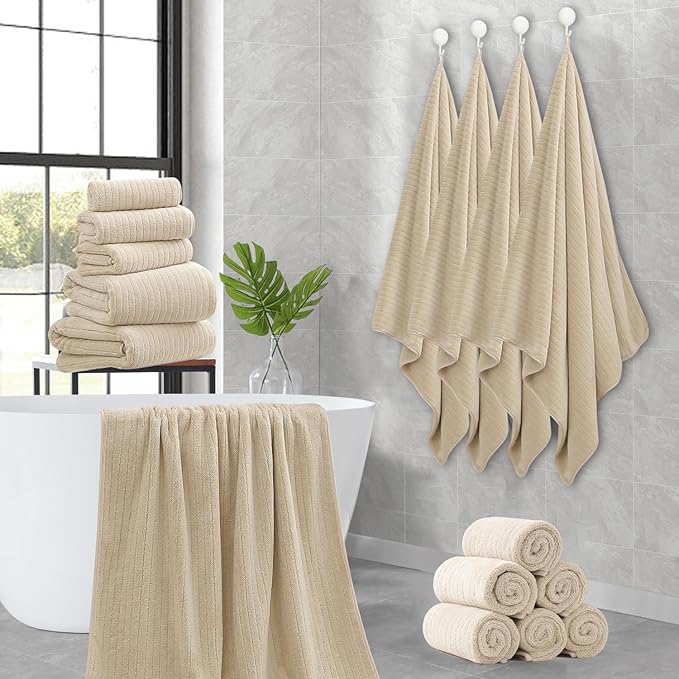 18 Piece Family Bath Towel Set Include 6 Bath Towels,6 Hand Towels and 6 Washcloths Soft Bathroom Towel with Hanging Loops,Highly Absorbent Quick Dry Towels Set for Bathroom,Hotel and Spa-Beige