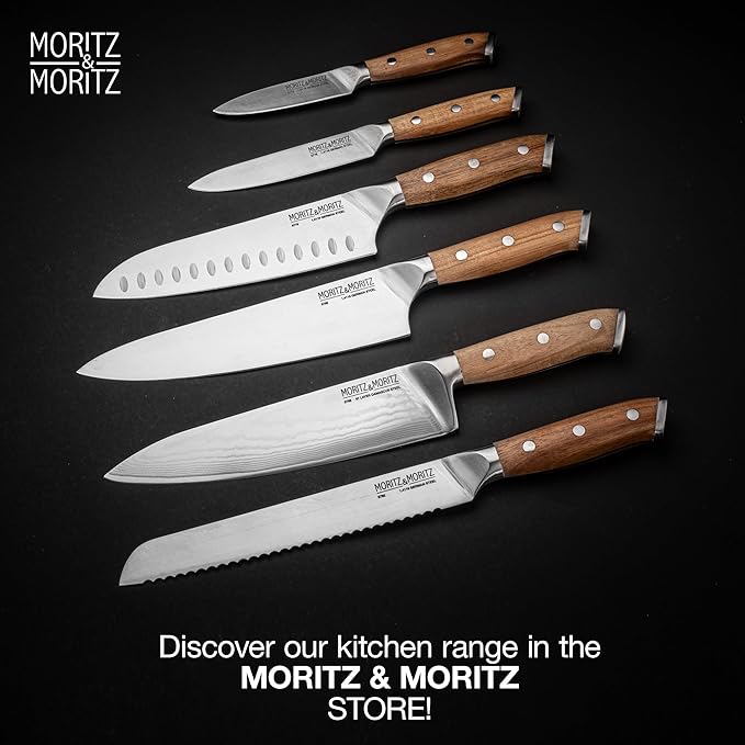 Moritz & Moritz 8-Inch Chef’s Knife, German Stainless Steel Kitchen Knife with Acacia Wood Handle, Professional All-Purpose knives for Slicing, Chopping & Dicing, Razor Sharp & Ergonomic